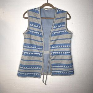 Diane Young Vintage 70s Striped Blue Tan Long Open Front Vest size 14